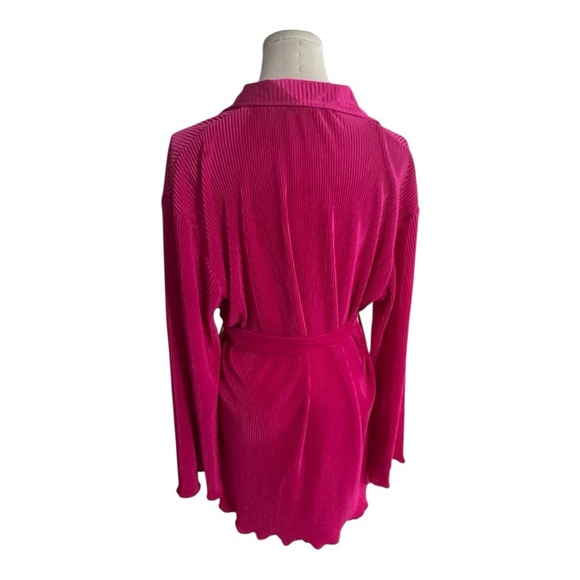 Pink V Neck Button Down Pleated Long Sleeve Mini Shirt Dress Belt Size L Party - Picture 4 of 6